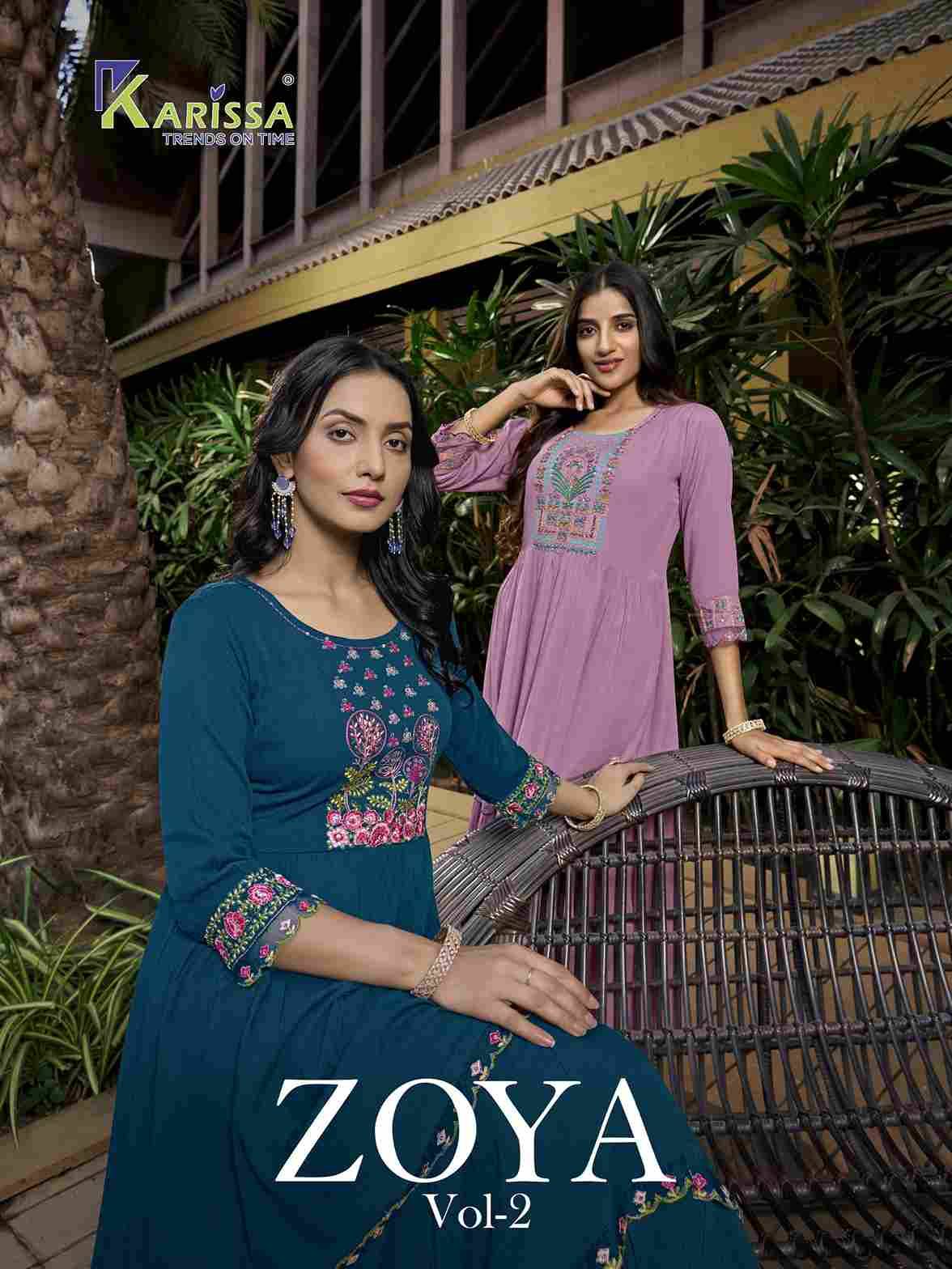 Zoya Vol-2 By Karissa 1001 To 1004 Series Beautiful Suits Colorful Stylish Fancy Casual Wear & Ethnic Wear Rayon Print Gowns At Wholesale Price