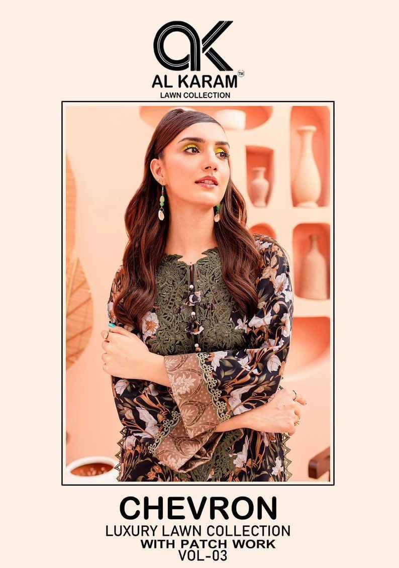 Chevron Luxury Lawn Collection Vol-3 By Al Karam Lawn Collection 3001 To 3004 Series Designer Pakistani Suits Beautiful Fancy Stylish Colorful Party Wear & Occasional Wear Pure Cotton With Embroidery Dresses At Wholesale Price