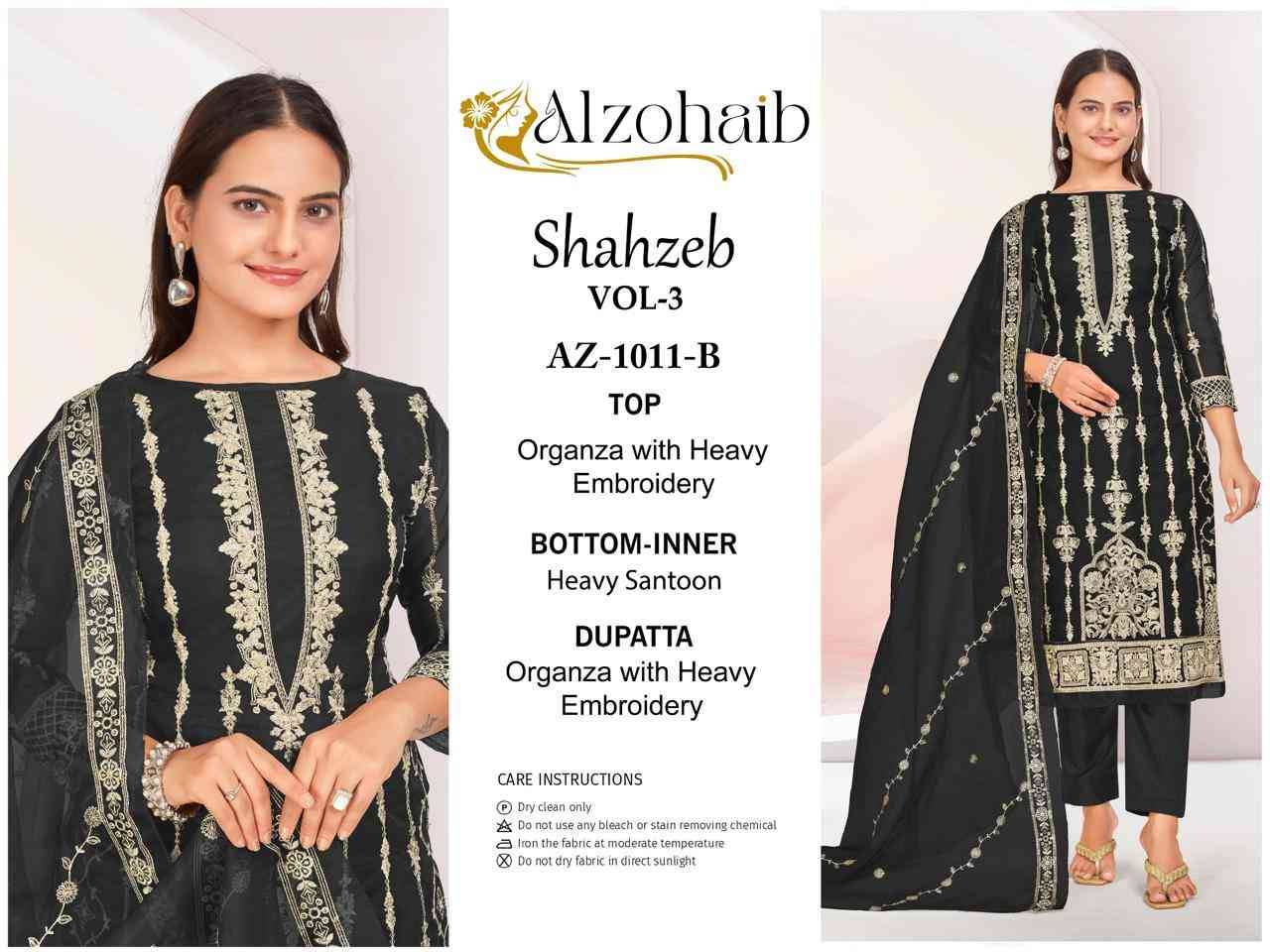 Shahzeb Vol-3 By Alzohaib 1011-A To 1011-D Series Wholesale Designer Pakistani Suits Collection Beautiful Stylish Fancy Colorful Party Wear & Occasional Wear Organza Dresses At Wholesale Price