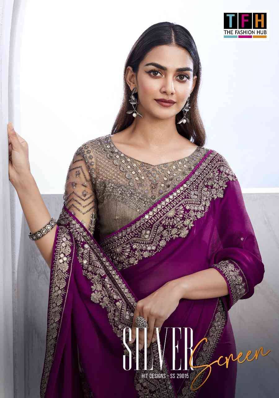 Silver Screen 29015 Colours By TFH 29015-A To 29015-F Series Indian Traditional Wear Collection Beautiful Stylish Fancy Colorful Party Wear & Occasional Wear Chiffon Silk Sarees At Wholesale Price