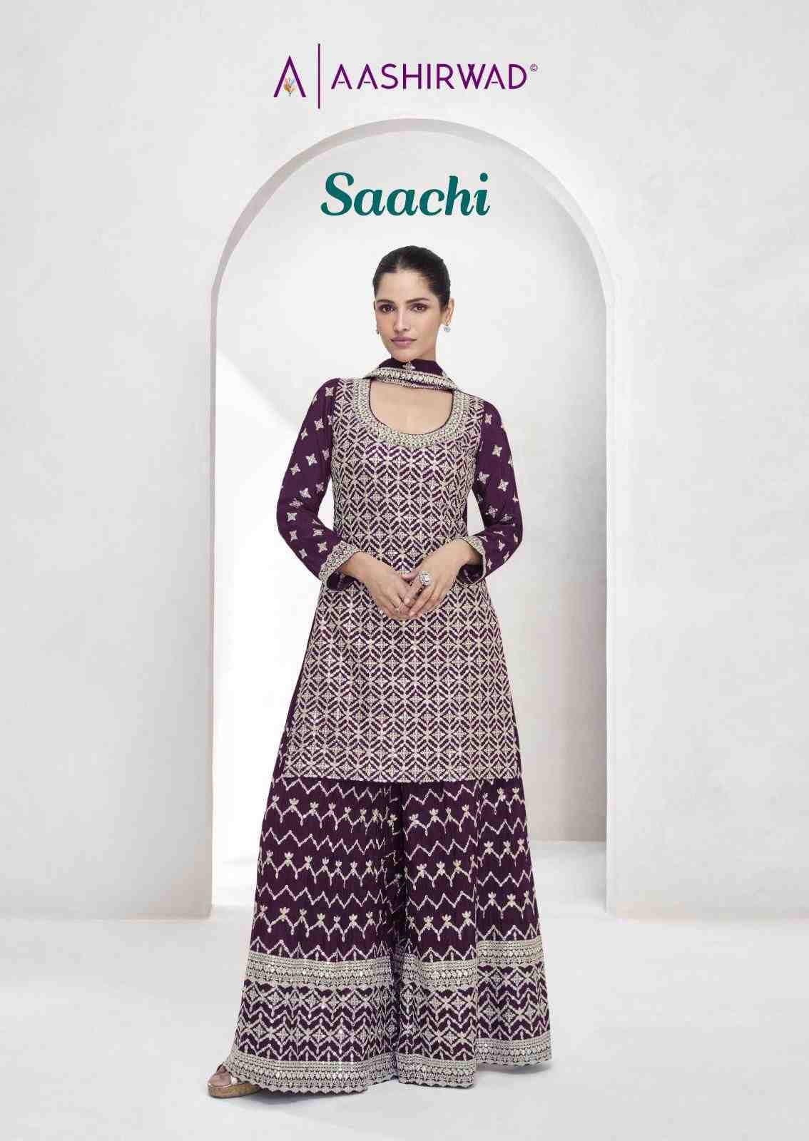 Saachi By Aashirwad Creation 10045 To 10048 Series Beautiful Sharara Suits Colorful Stylish Fancy Casual Wear & Ethnic Wear Chinnon Silk Dresses At Wholesale Price