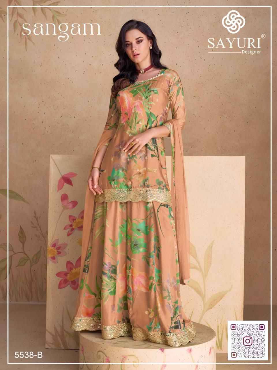 Sangam 5538 Colours By Sayuri 5538-A To 5538-D Series Beautiful Sharara Suits Colorful Stylish Fancy Casual Wear & Ethnic Wear Chinnon Embroidery Dresses At Wholesale Price