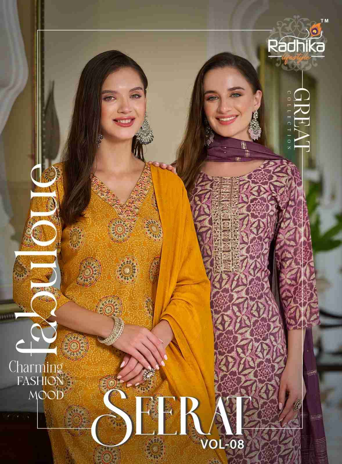 Seerat Vol-8 By Radhika Lifestyle 8001 To 8008 Series Designer Stylish Fancy Colorful Beautiful Party Wear & Ethnic Wear Collection Rayon Foil Print Dresses At Wholesale Price