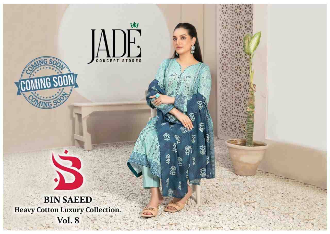 Bin Saeed Vol-8 By Jade 801 To 806 Series Beautiful Festive Suits Stylish Fancy Colorful Casual Wear & Ethnic Wear Pure Lawn Cotton Print Dresses At Wholesale Price