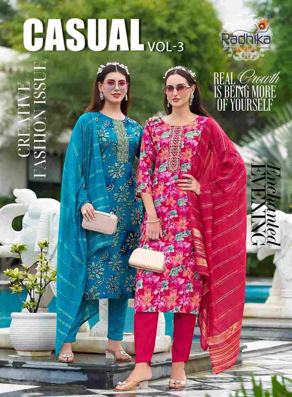 Casual Vol-3 By Radhika Lifestyle 3001 To 3008 Series Designer Stylish Fancy Colorful Beautiful Party Wear & Ethnic Wear Collection Rayon Print Dresses At Wholesale Price