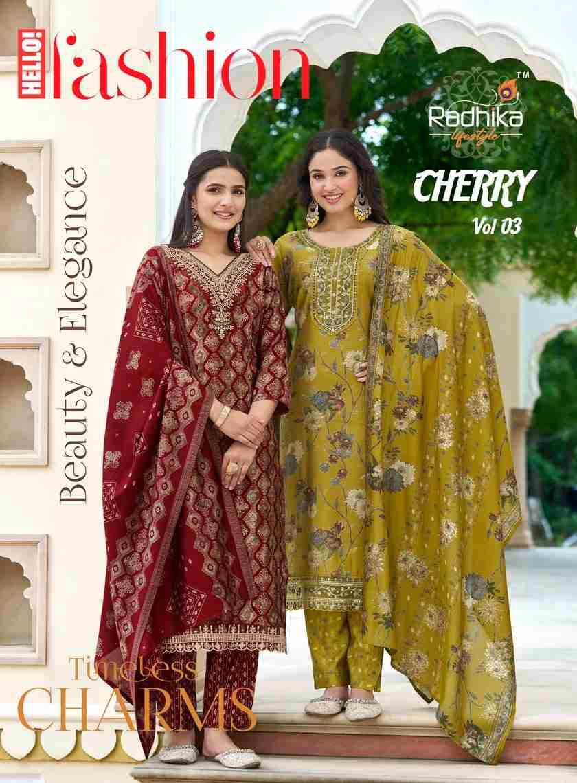 Cherry Vol-3 By Radhika Lifestyle 3001 To 3008 Series Beautiful Festive Suits Colorful Stylish Fancy Casual Wear & Ethnic Wear Pure Chanderi Print Dresses At Wholesale Price