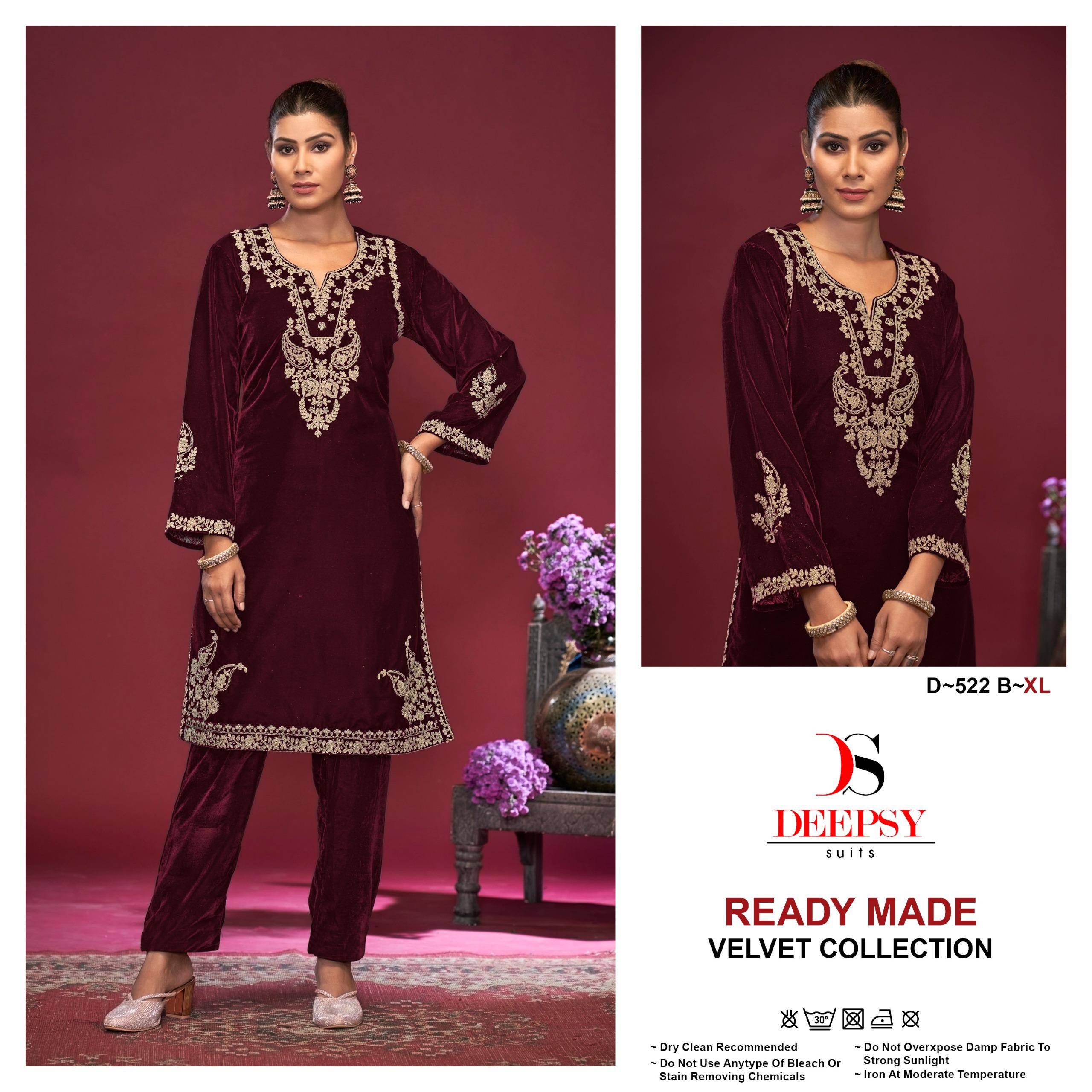 Deepsy Hit Design 522 Colours By Deepsy Suits 522-A To 522-D Series Designer Pakistani Suits Collection Beautiful Stylish Fancy Colorful Party Wear & Occasional Wear Velvet Kurtis With Bottom At Wholesale Price