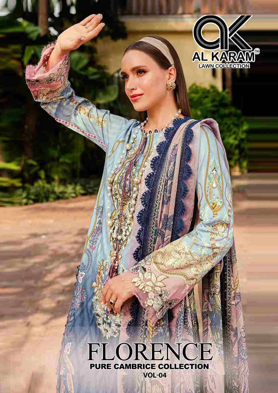 Florence Vol-4 By Al Karam Lawn Collection 4001 To 4006 Series Beautiful Pakistani Suits Stylish Fancy Colorful Casual Wear & Ethnic Wear Pure Cambric Dresses At Wholesale Price