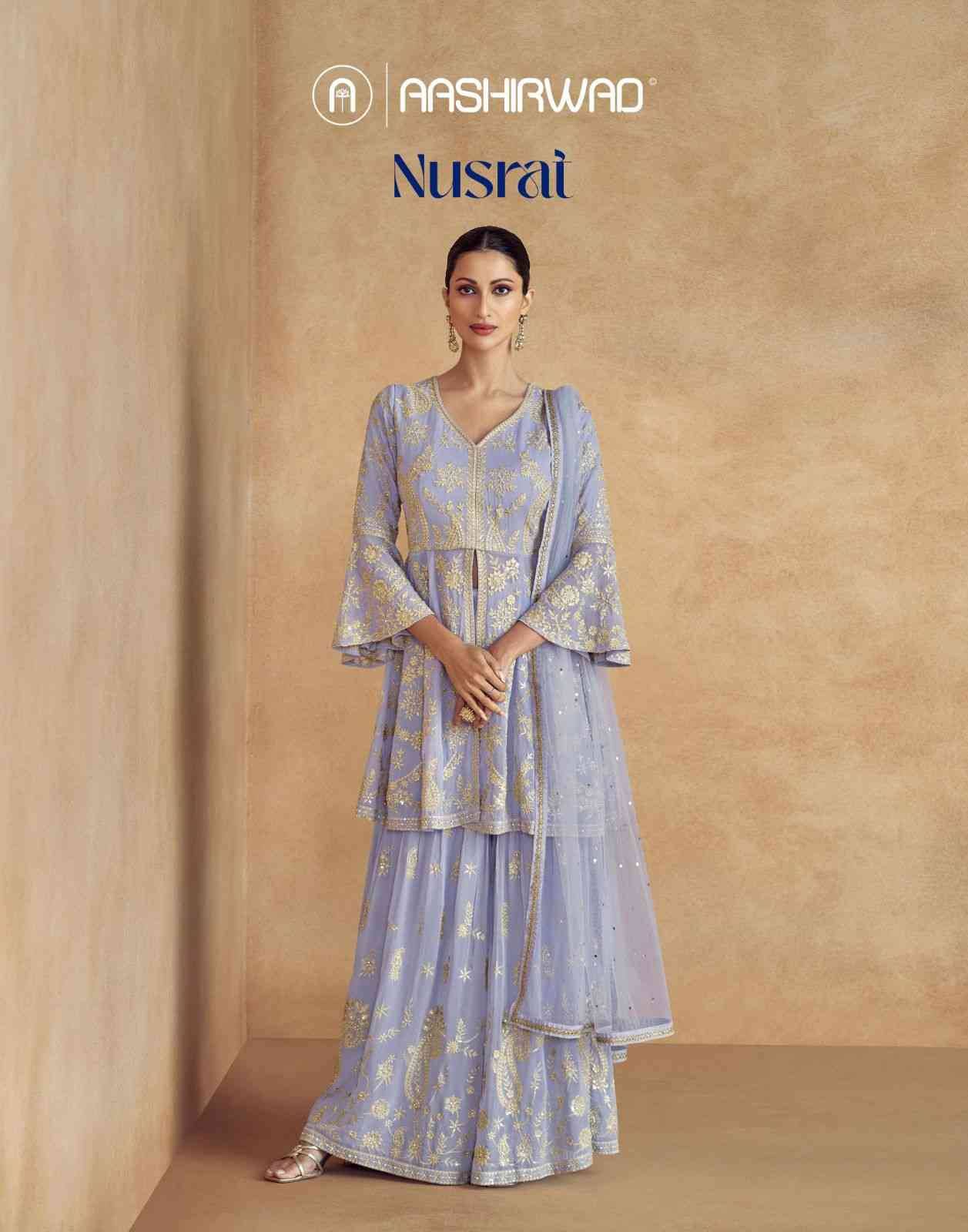 Nusrat By Aashirwad Creation 10064 To 10066 Series Designer Sharara Suits Beautiful Fancy Colorful Stylish Party Wear & Occasional Wear Heavy Georgette Dresses At Wholesale Price