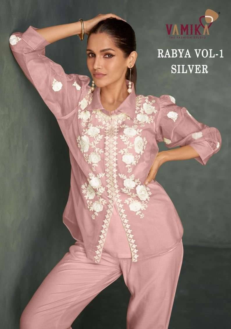 Rabya Vol-1 Silver By Vamika 3101-A To 3101-E Series Designer Stylish Fancy Colorful Beautiful Party Wear & Ethnic Wear Collection Organza Print Co-Ord At Wholesale Price