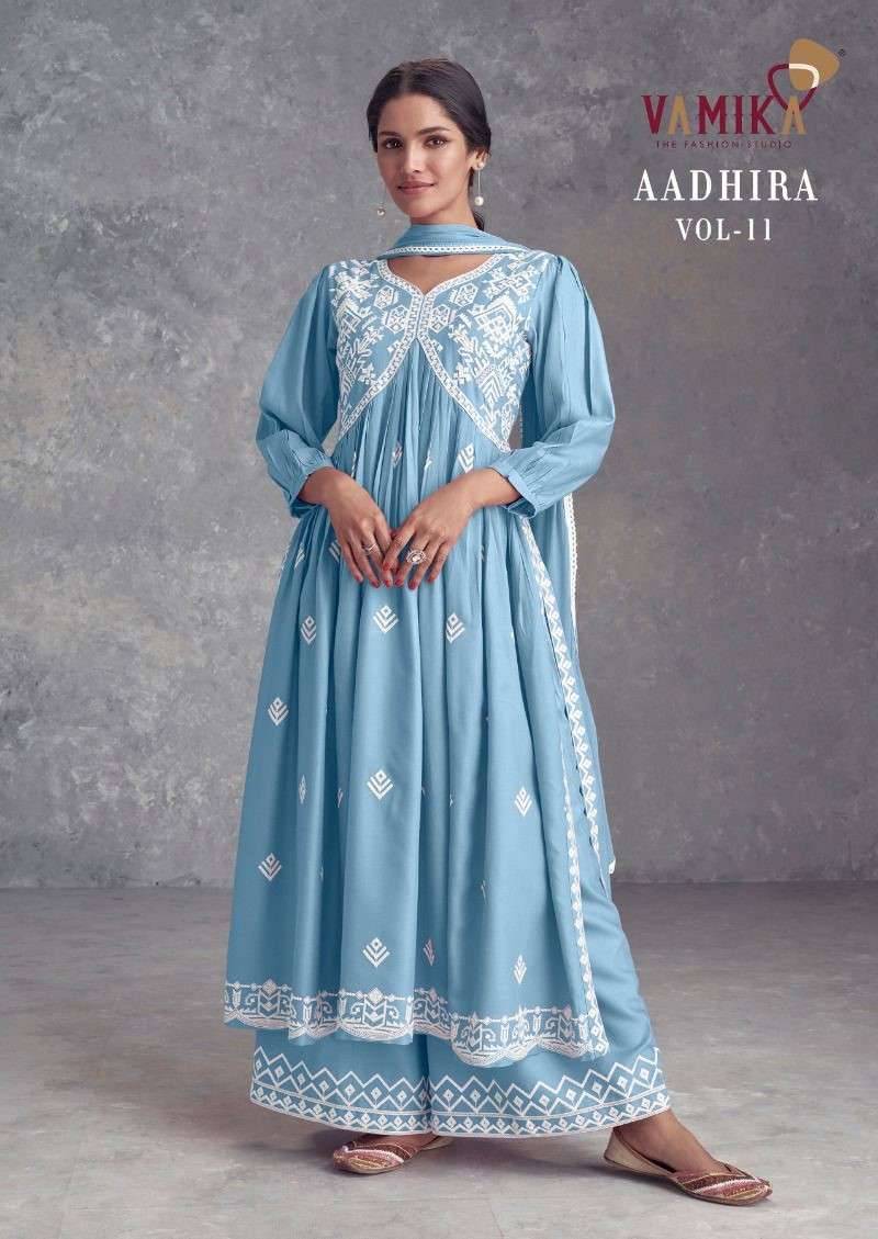 Aadhira Vol-11 By Vamika 1212-A To 1212-E Series Beautiful Festive Suits Colorful Stylish Fancy Casual Wear & Ethnic Wear Pure Viscose Rayon Embroidery Dresses At Wholesale Price