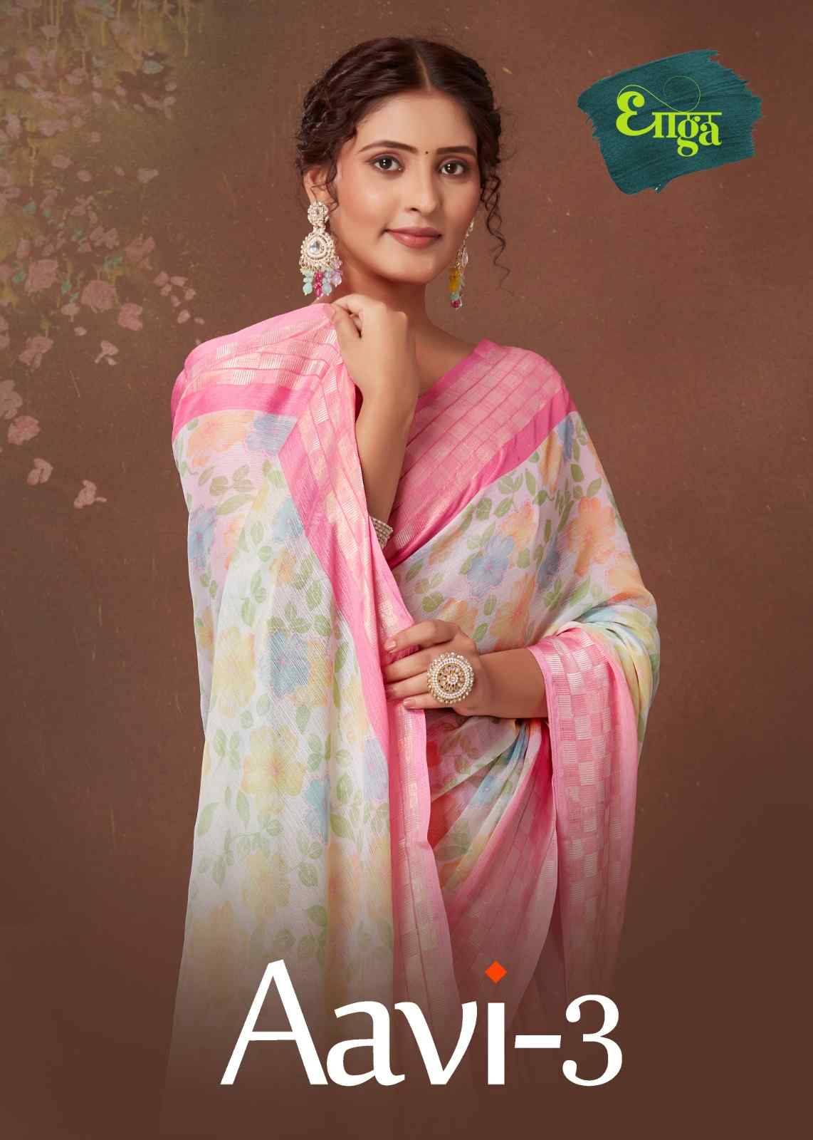 Aavi Vol-3 By Dhaga 3001 To 3008 Series Indian Traditional Wear Collection Beautiful Stylish Fancy Colorful Party Wear & Occasional Wear Chiffon Sarees At Wholesale Price