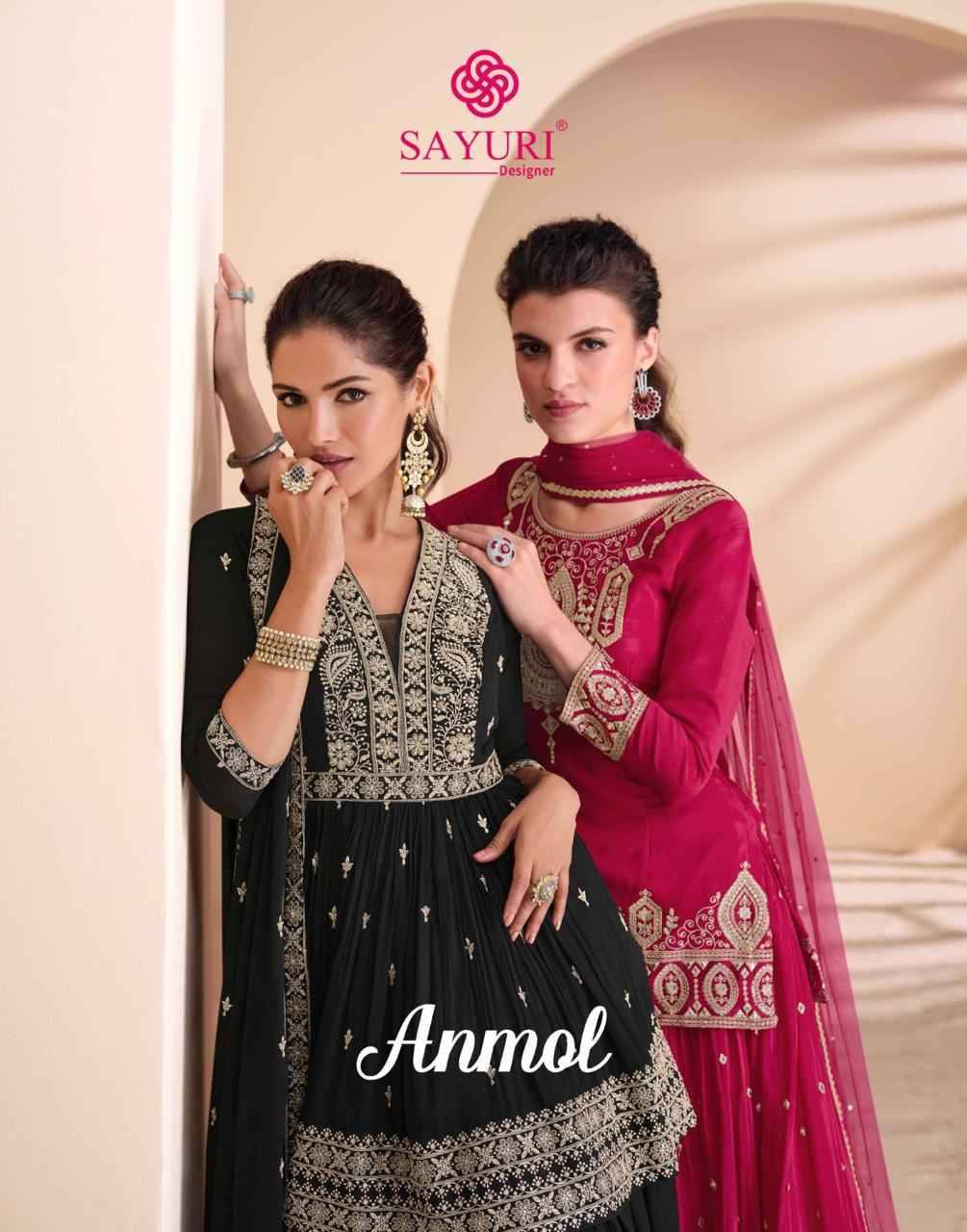 Anmol By Sayuri 5653 To 5655 Series Beautiful Sharara Suits Colorful Stylish Fancy Casual Wear & Ethnic Wear Chinnon Silk Embroidery Dresses At Wholesale Price