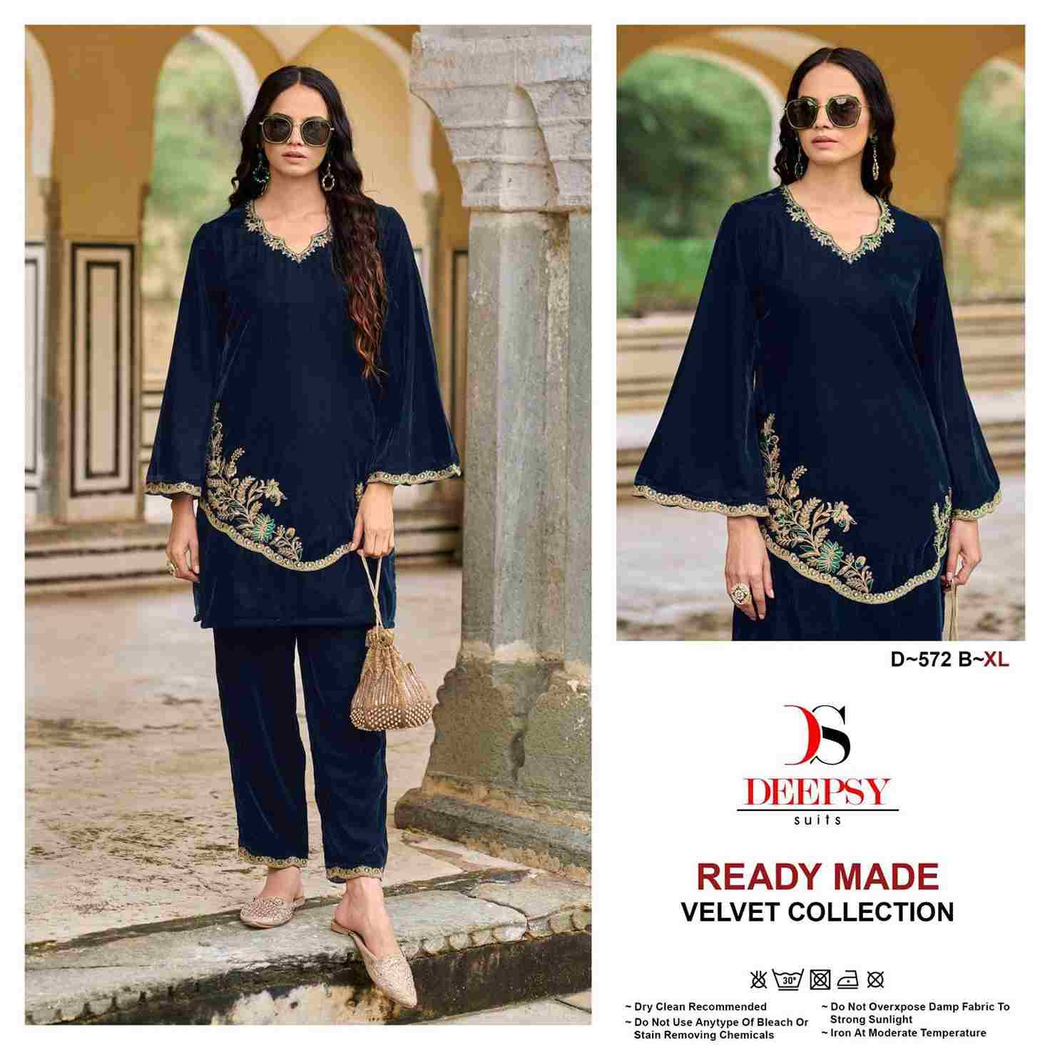 Deepsy Hit Design 572 Colours By Deepsy Suits 572-A To 572-D Series Designer Pakistani Suits Collection Beautiful Stylish Fancy Colorful Party Wear & Occasional Wear Velvet Kurtis With Bottom At Wholesale Price