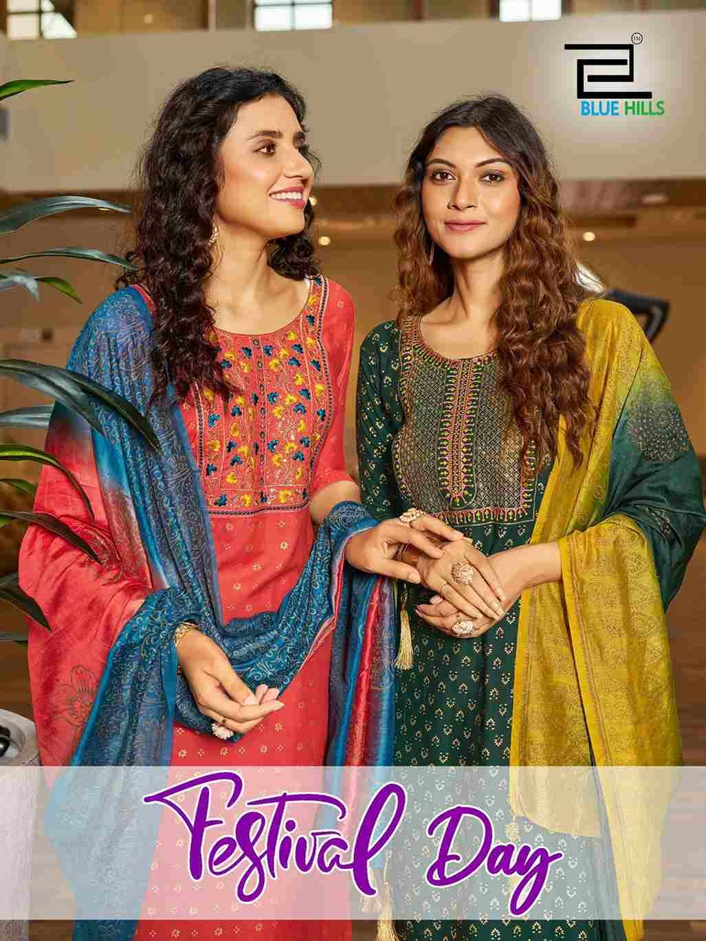 Festival Day By Blue Hills 1001 To 1008 Series Beautiful Suits Colorful Stylish Fancy Casual Wear & Ethnic Wear Rayon Foil Dresses At Wholesale Price