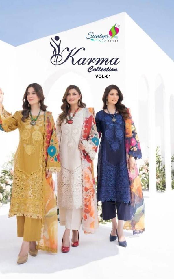 Karma Collection Vol-1 By Saniya Trendz 1001 To 1003 Series Beautiful Pakistani Suits Colorful Stylish Fancy Casual Wear & Ethnic Wear Cotton Embroidered Dresses At Wholesale Price