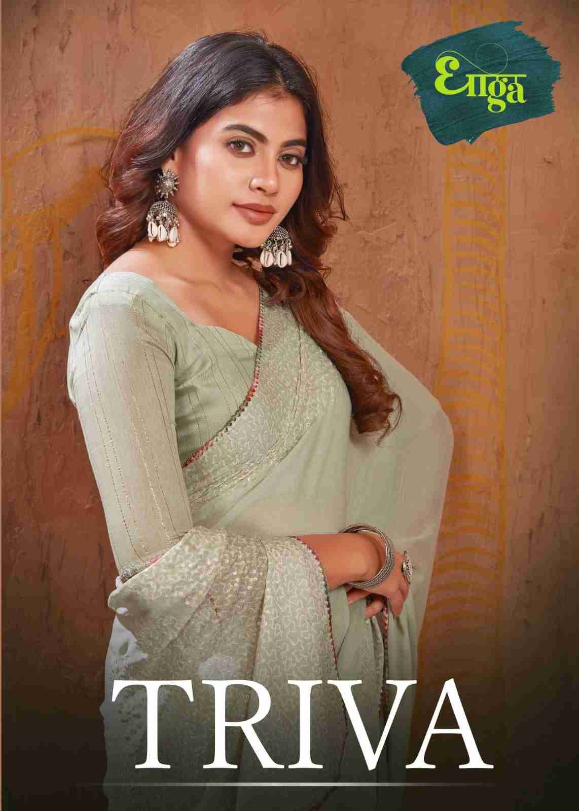 Triva By Dhaga 1001 To 1008 Series Indian Traditional Wear Collection Beautiful Stylish Fancy Colorful Party Wear & Occasional Wear Moss Foil Designer Sarees At Wholesale Price