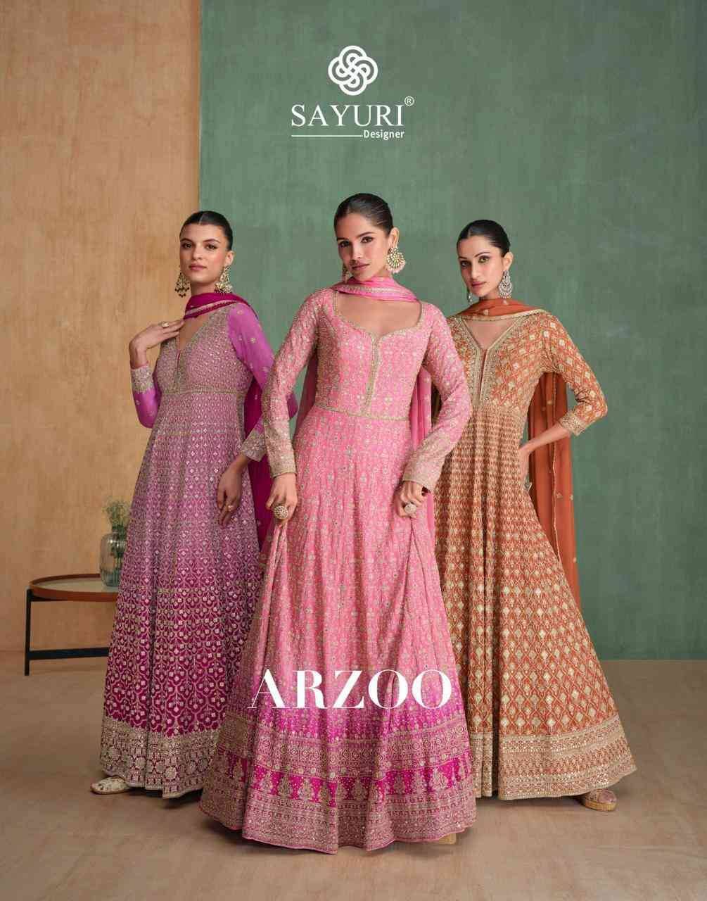 Arzoo By Sayuri 5684 To 5686 Series Designer Stylish Fancy Colorful Beautiful Party Wear & Ethnic Wear Collection Georgette/Chinnon Silk Gown With Dupatta At Wholesale Price