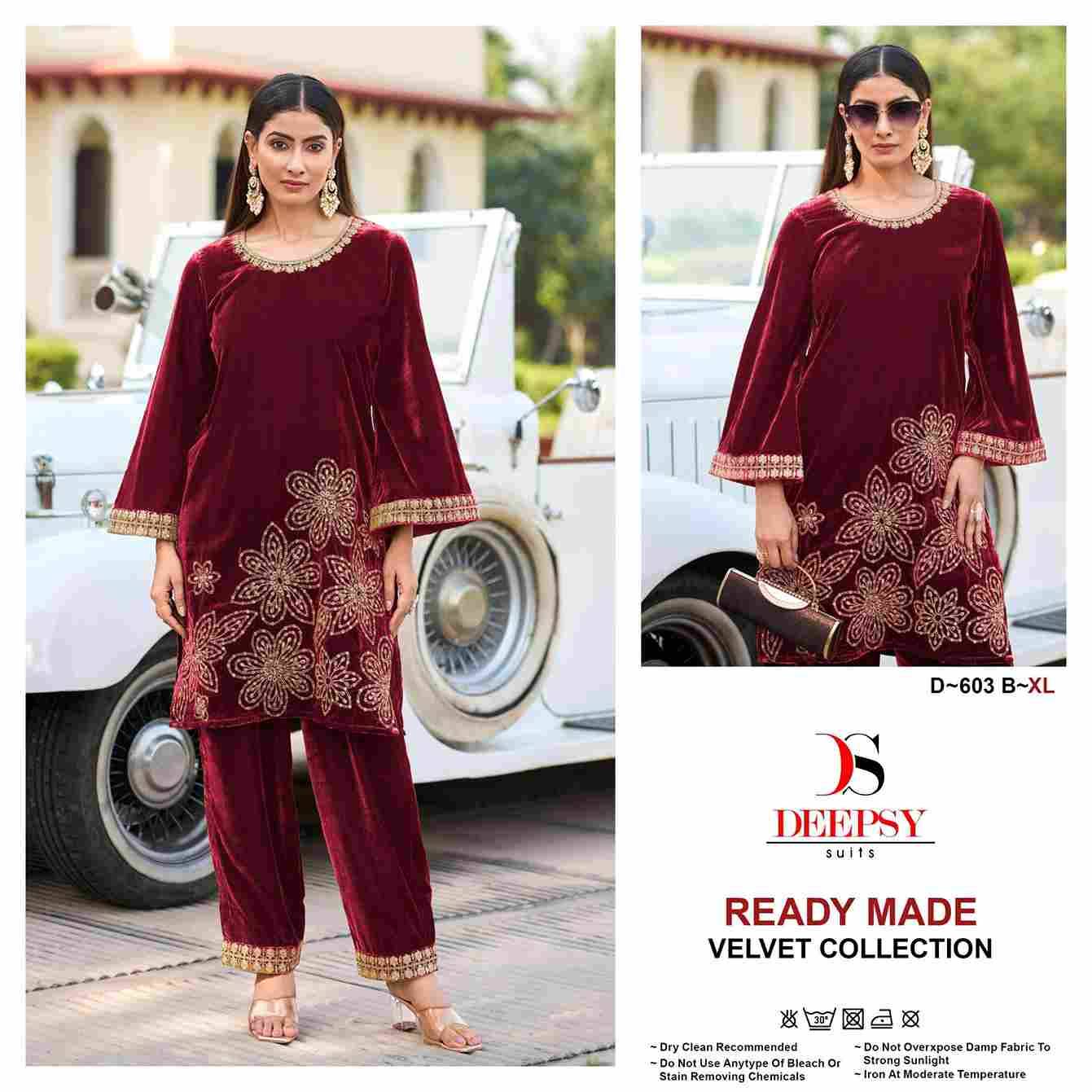 Deepsy Hit Design 603 Colours By Deepsy Suits 603-A To 603-D Series Designer Pakistani Suits Collection Beautiful Stylish Fancy Colorful Party Wear & Occasional Wear Velvet Kurtis With Bottom At Wholesale Price