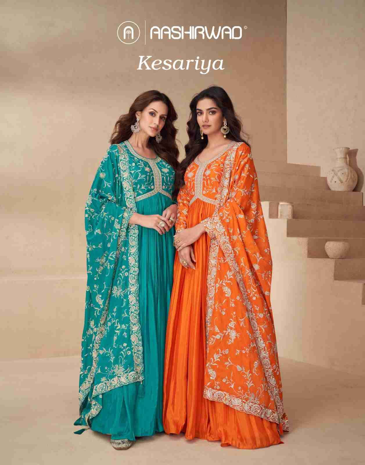 Kesariya By Aashirwad Creation 10140 To 10143 Series Designer Stylish Fancy Colorful Beautiful Party Wear & Ethnic Wear Collection Chinnon Silk Gowns With Dupatta At Wholesale Price