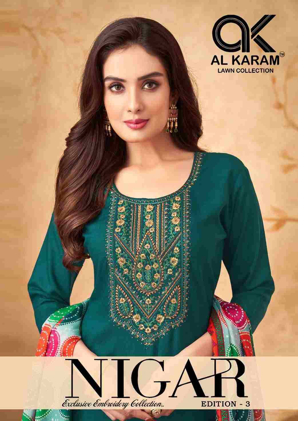 Nigar Vol-3 By Al Karam Lawn Collection 3001 To 3006 Series Beautiful Festive Suits Stylish Fancy Colorful Casual Wear & Ethnic Wear Heavy Rayon Slub Print Dresses At Wholesale Price