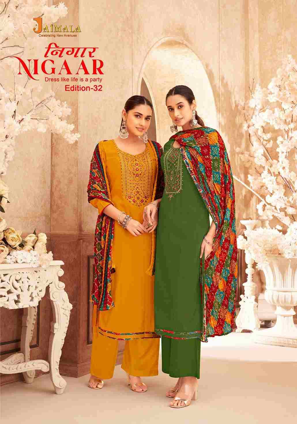 Nigaar Vol-32 By Jaimala 1681-001 To 1681-008 Series Beautiful Festive Suits Colorful Stylish Fancy Casual Wear & Ethnic Wear Pure Rayon Slub With Work Dresses At Wholesale Price