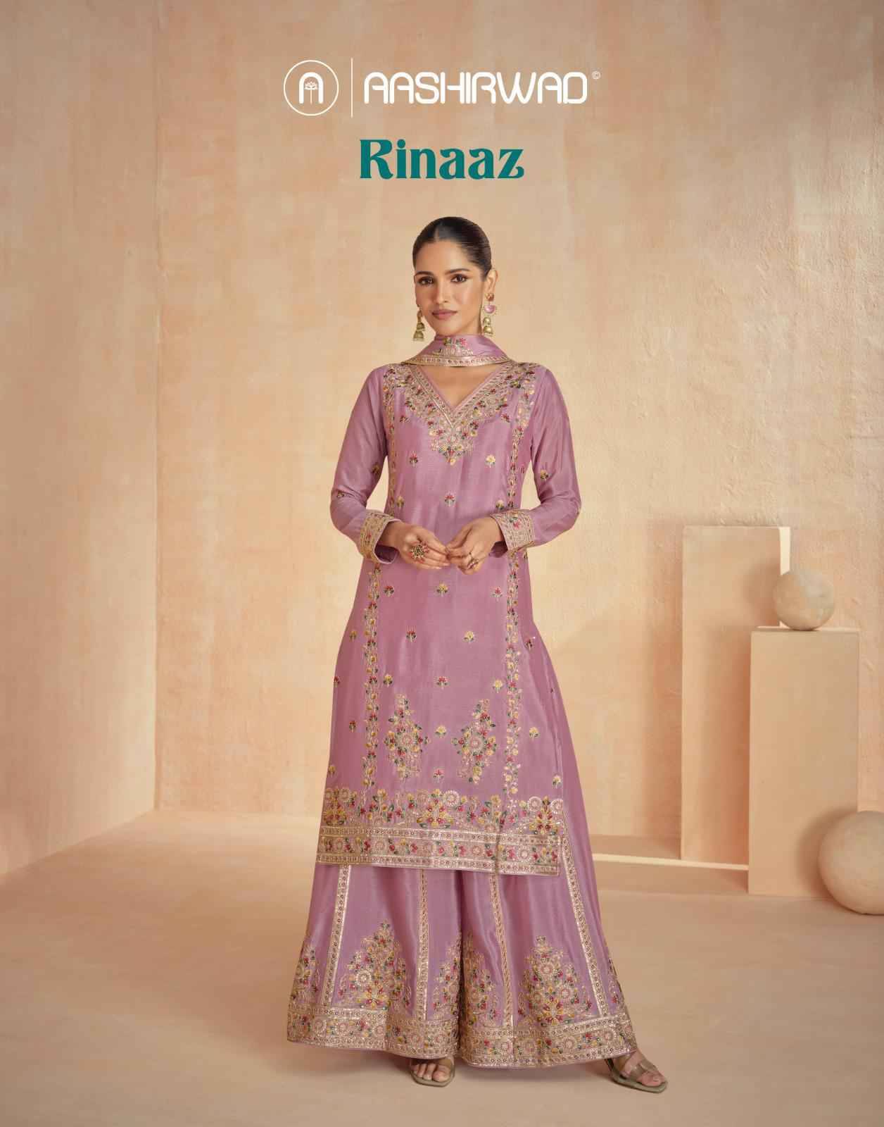 Rinaaz By Aashirwad Creation 10121 To 10124 Series Designer Sharara Suits Collection Beautiful Stylish Fancy Colorful Party Wear & Occasional Wear Chinnon Silk Dresses At Wholesale Price