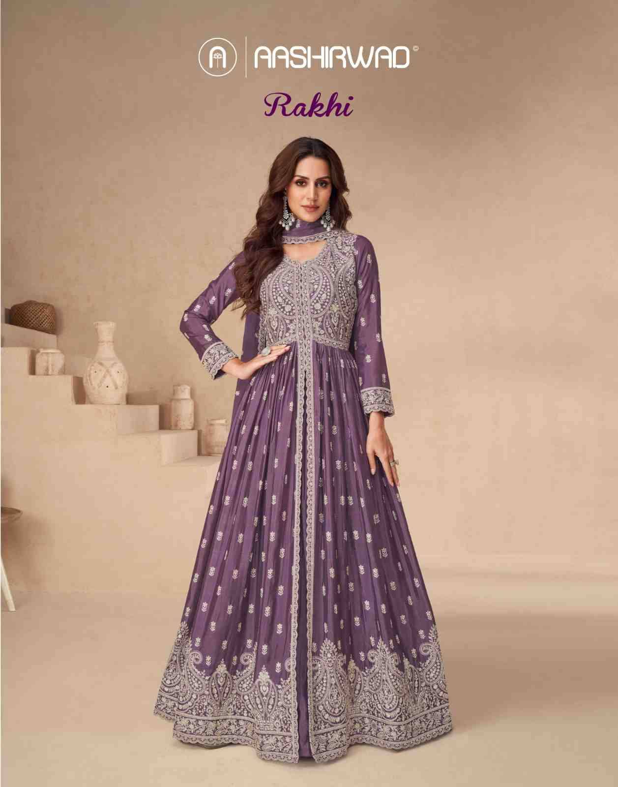 Rakhi By Aashrwad Creation 10136 To 10139 Series Beautiful Stylish Anarkali Suits Fancy Colorful Casual Wear & Ethnic Wear & Ready To Wear Chinnon Silk Dresses At Wholesale Price