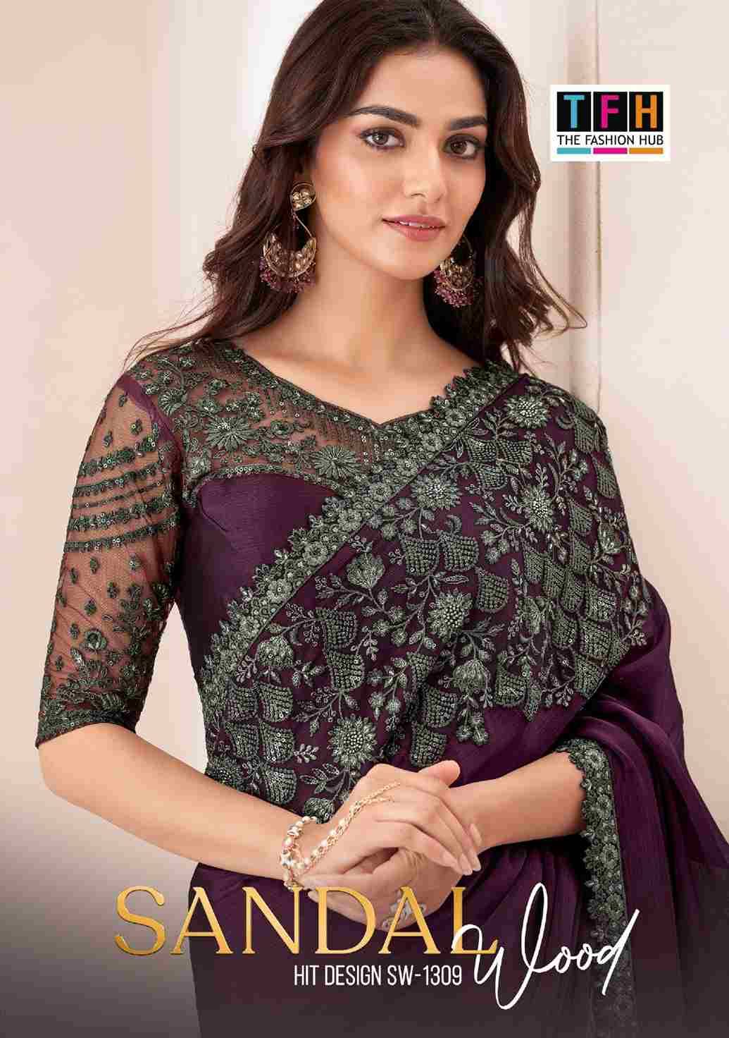 Sandalwood 1309 Colours By TFH 1309-A To 1309-F Series Indian Traditional Wear Collection Beautiful Stylish Fancy Colorful Party Wear & Occasional Wear Satin Chiffon Sarees At Wholesale Price