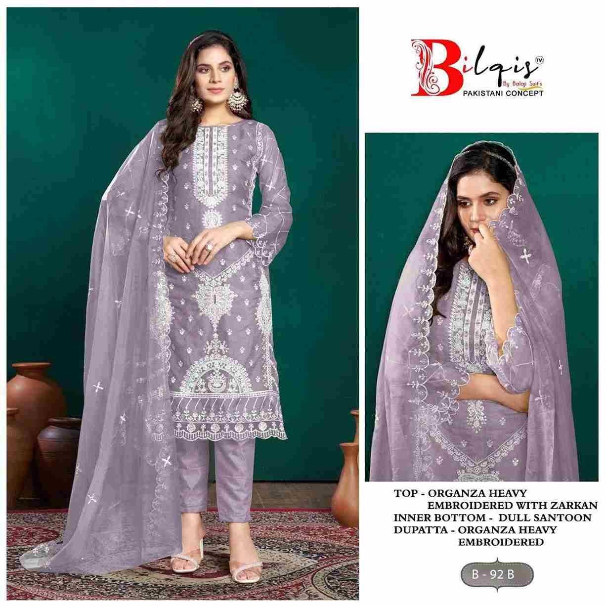 Bilqis 92 Colours By Bilqis 92-A To 92-D Series Beautiful Pakistani Suits Stylish Fancy Colorful Party Wear & Occasional Wear Organza Embroidery Dresses At Wholesale Price