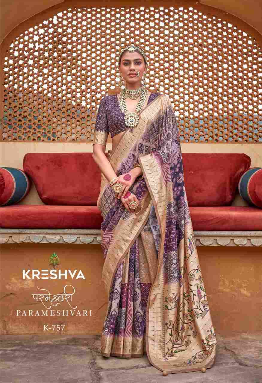 Parmeshvari By Kreshva 756 To 764 Series Indian Traditional Wear Collection Beautiful Stylish Fancy Colorful Party Wear & Occasional Wear Viscose Silk Sarees At Wholesale Price