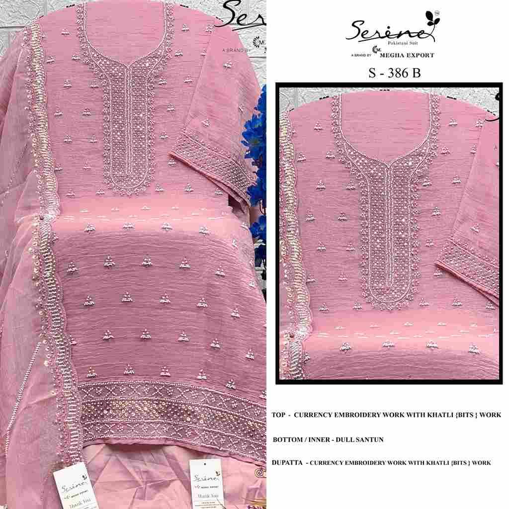 Serene Hit Design S-386 Colours By Serene S-386-A To S-386-D Series Designer Pakistani Suits Beautiful Fancy Colorful Stylish Party Wear & Occasional Wear Currency Embroidered Dresses At Wholesale Price