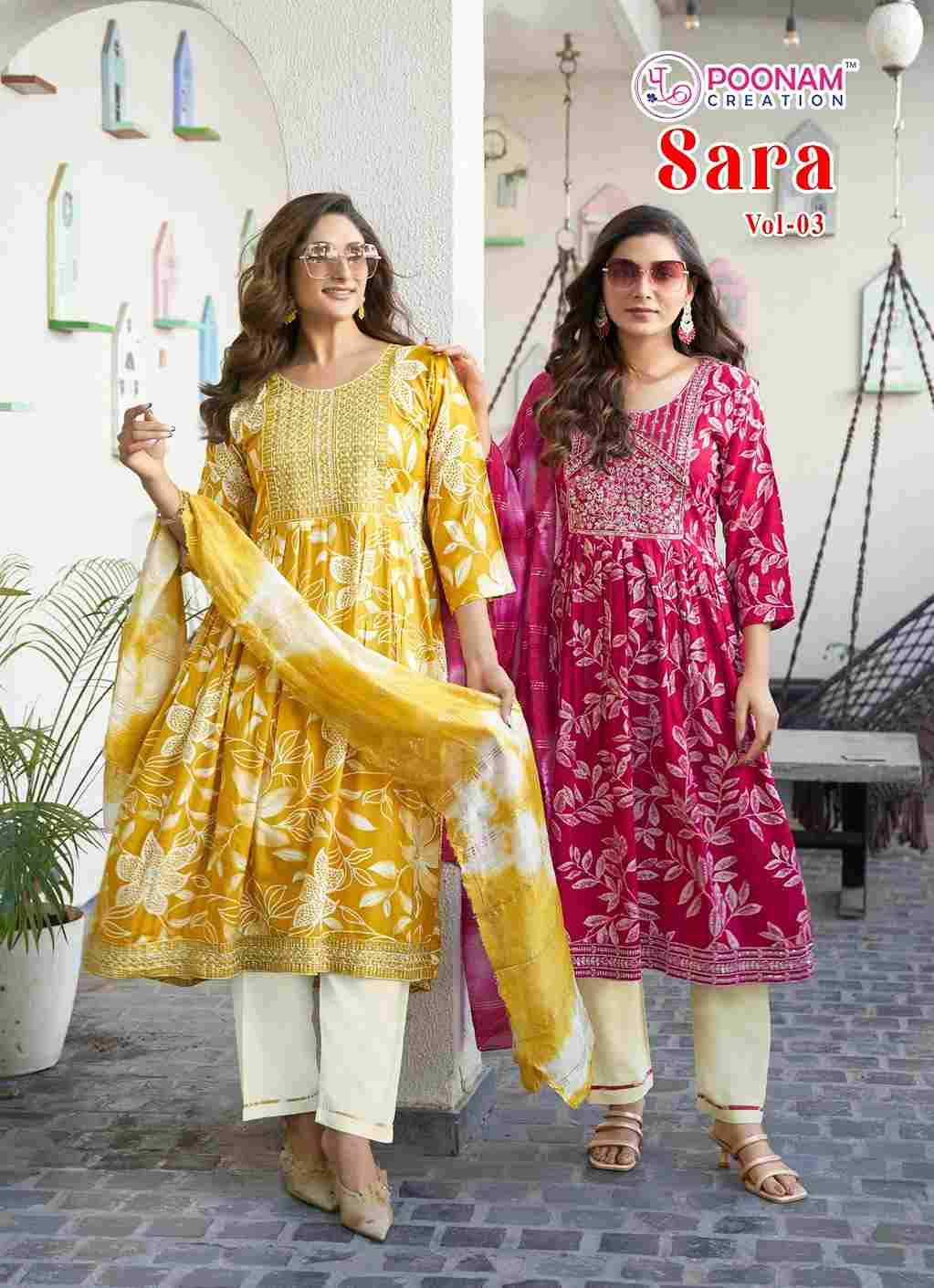 Sara Vol-3 By Poonam Creation 3001 To 3008 Series Beautiful Festive Suits Colorful Stylish Fancy Casual Wear & Ethnic Wear Rayon Foil Dresses At Wholesale Price