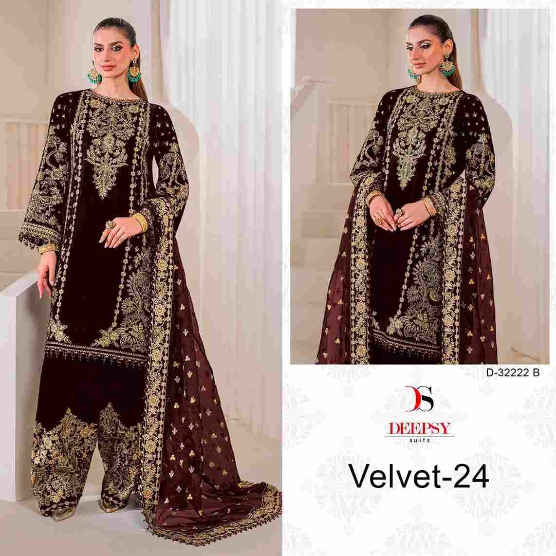 Velvet 32222 Colours By Deepsy Suits 32222-A To 32222-D Series Beautiful Stylish Pakistani Suits Fancy Colorful Casual Wear & Ethnic Wear & Ready To Wear Heavy Velvet Embroidery Dresses At Wholesale Price