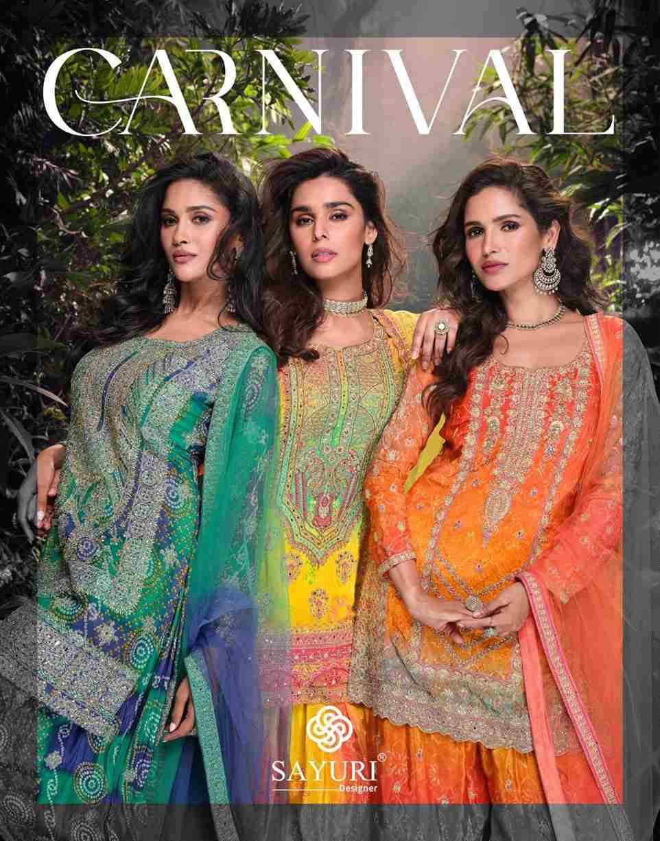 Carnival By Sayuri 5723 To 5725 Series Beautiful Sharara Suits Colorful Stylish Fancy Casual Wear & Ethnic Wear Chinnon Silk Dresses At Wholesale Price