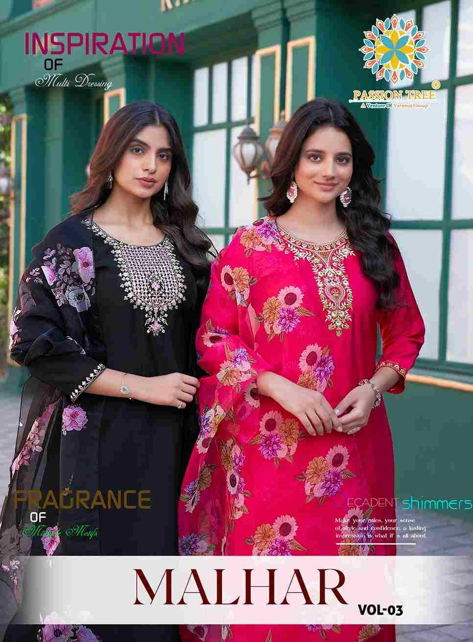 Malhar Vol-3 By Passion Tree 3001 To 3008 Series Beautiful Stylish Festive Suits Fancy Colorful Casual Wear & Ethnic Wear & Ready To Wear Roman Silk Dresses At Wholesale Price