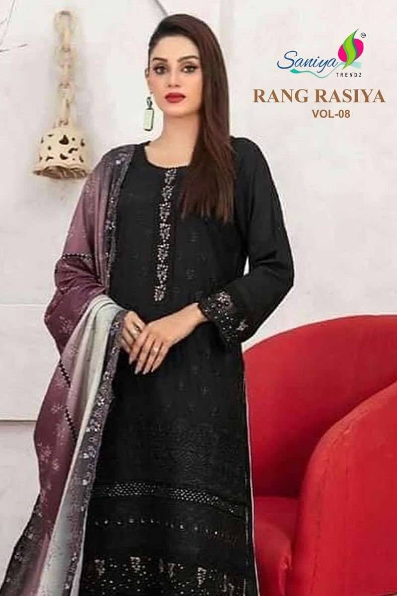 Rang Rasiya Vol-8 By Saniya Trendz 8001 To 8005 Series Beautiful Pakistani Suits Colorful Stylish Fancy Casual Wear & Ethnic Wear Cotton Embroidered Dresses At Wholesale Price