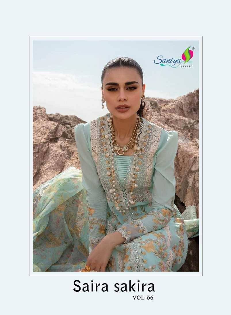 Saira Sakira Vol-6 By Saniya Trendz 6001 To 6003 Series Beautiful Winter Collection Suits Stylish Fancy Colorful Casual Wear & Ethnic Wear Cotton Embroidered Dresses At Wholesale Price