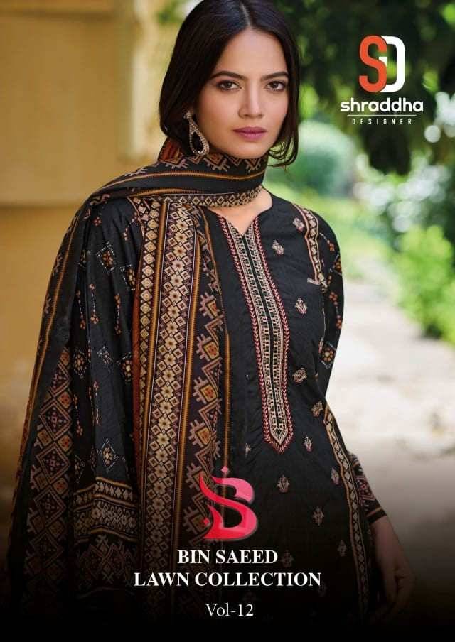 Bin Saeed Lawn Collection Vol-12 By Shraddha Designer 12001 To 12004 Series Designer Pakistani Suits Beautiful Fancy Stylish Colorful Party Wear & Occasional Wear Pure Cotton Print With Embroidery Dresses At Wholesale Price