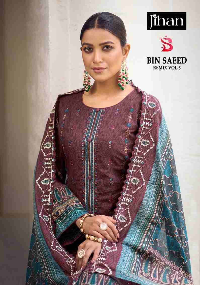 Bin Saeed Remix Vol-3 By Jihan 3536 To 3539 Series Beautiful Stylish Pakistani Suits Fancy Colorful Casual Wear & Ethnic Wear & Ready To Wear Pure Lawn Print Dresses At Wholesale Price