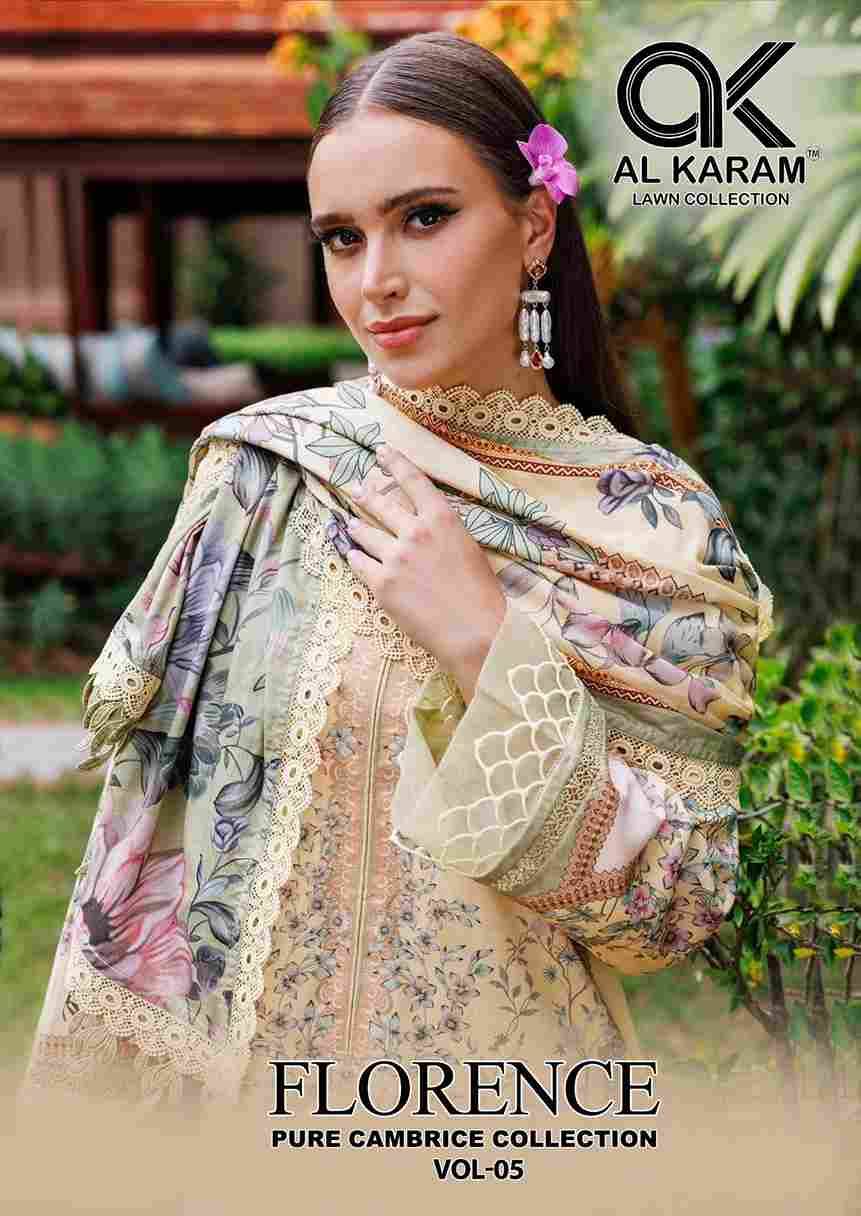 Florence Vol-5 By Al Karam Lawn Collection 5001 To 5006 Series Beautiful Pakistani Suits Stylish Fancy Colorful Casual Wear & Ethnic Wear Pure Cambric Dresses At Wholesale Price