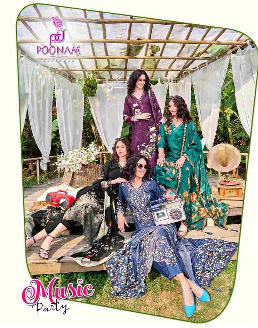 Music Party By Poonam Designer 1001 To 1004 Series Suits Beautiful Fancy Colorful Stylish Party Wear & Occasional Wear Pure Muslin Dresses At Wholesale Price