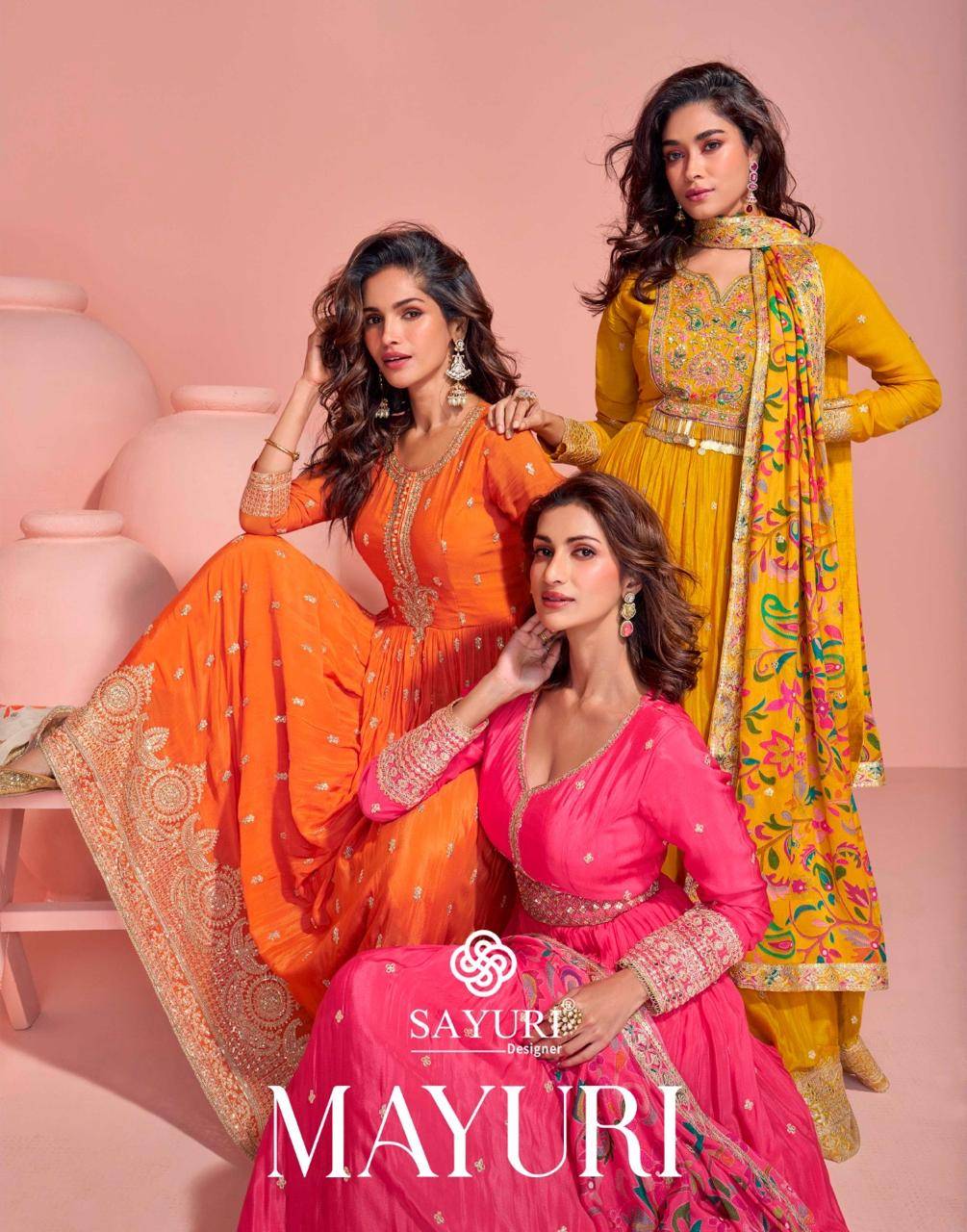 Mayuri By Sayuri 5792 To 5794 Series Designer Festive Suits Beautiful Fancy Colorful Stylish Party Wear & Occasional Wear Real Chinnon Silk Gown At Wholesale Price