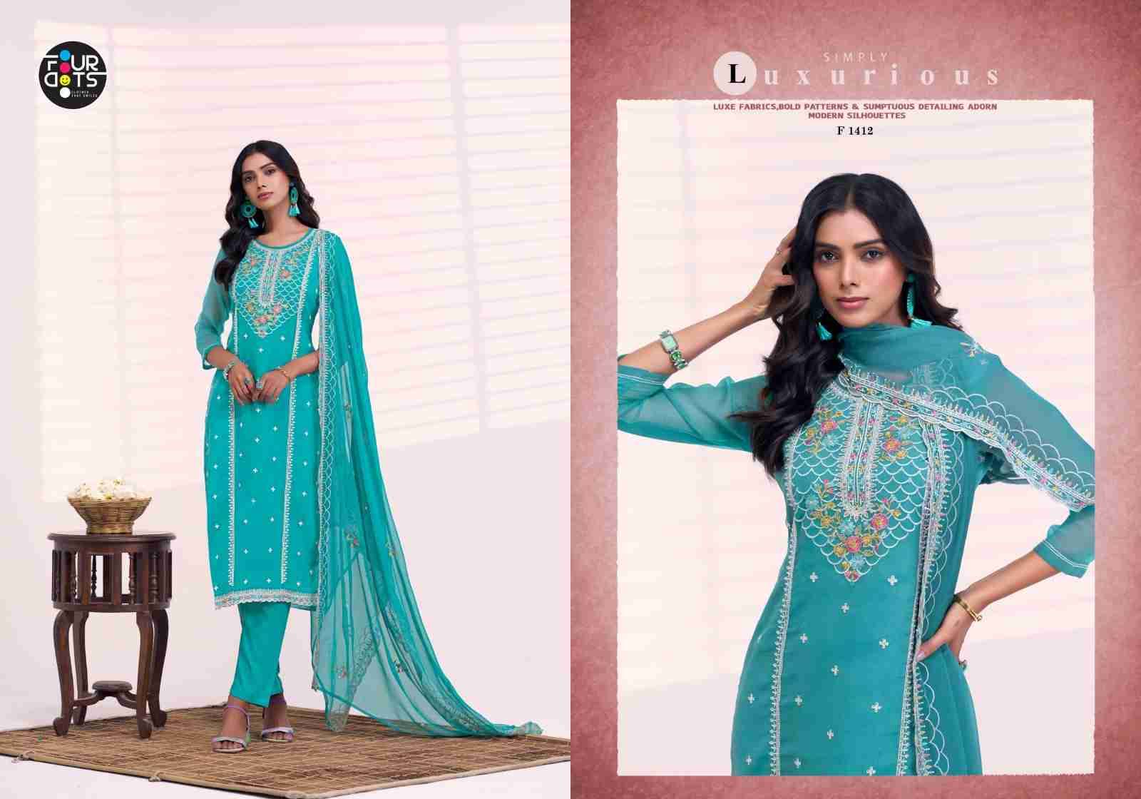 Santoor By Four Dots 1411 To 1414 Series Beautiful Festive Suits Colorful Stylish Fancy Casual Wear & Ethnic Wear Viscose Organza Chiffon Dresses At Wholesale Price