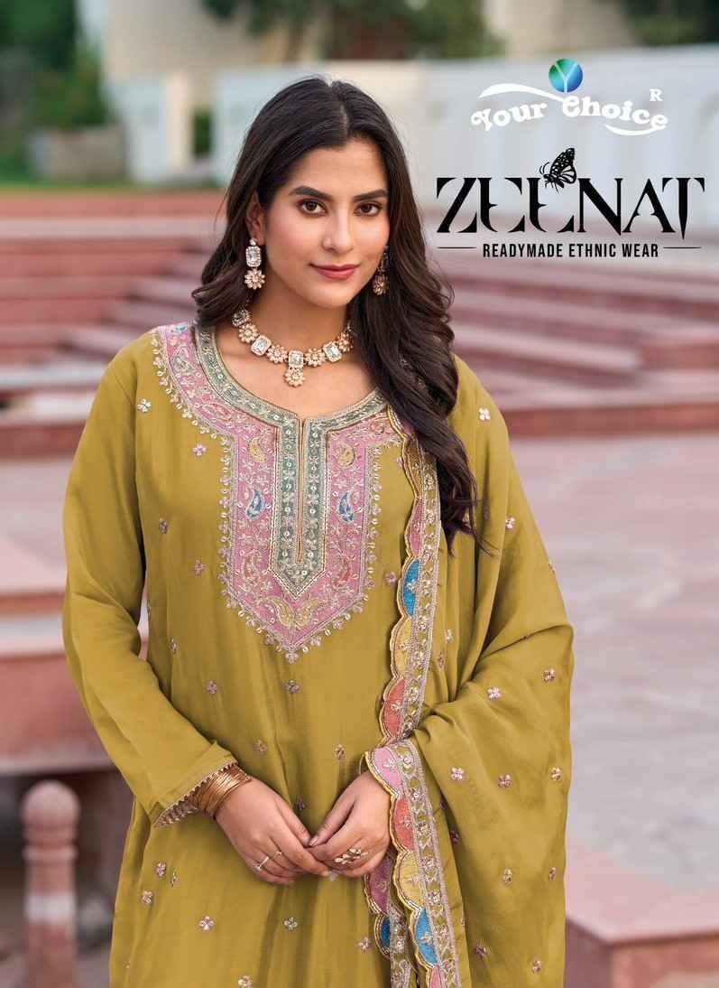 Zeenat By Your Choice 1001 To 1005 Series Beautiful Stylish Sharara Suits Fancy Colorful Casual Wear & Ethnic Wear & Ready To Wear Heavy Chinnon Embroidered Dresses At Wholesale Price