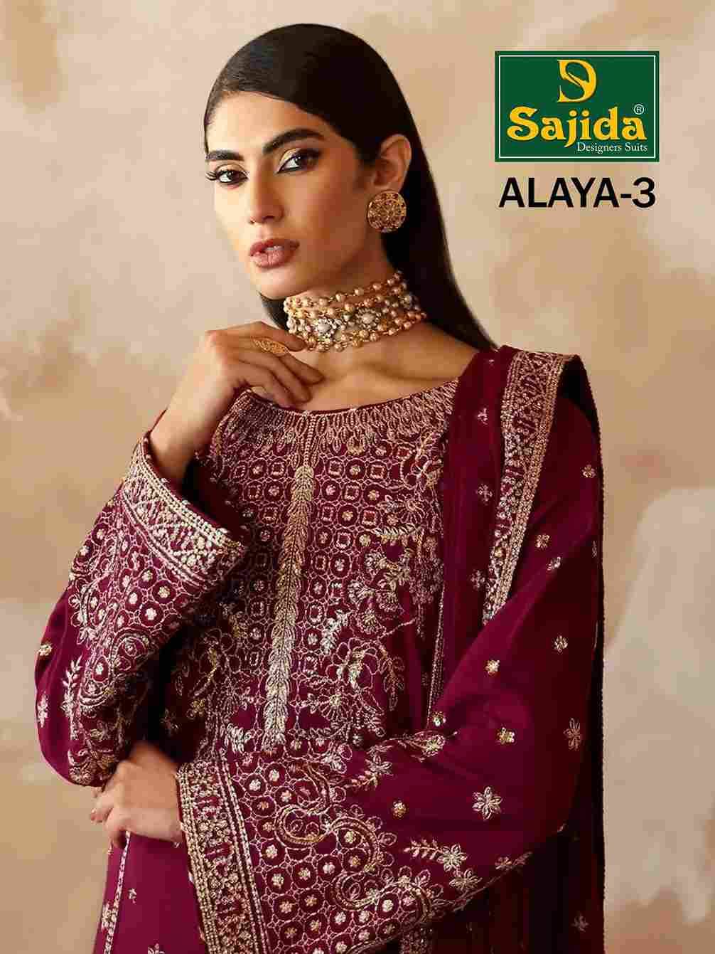 Alaya Vol-3 By Sajida Designer Suits 1027 To 1029 Series Beautiful Pakistani Suits Colorful Stylish Fancy Casual Wear & Ethnic Wear Faux Georgette Embroidered Dresses At Wholesale Price