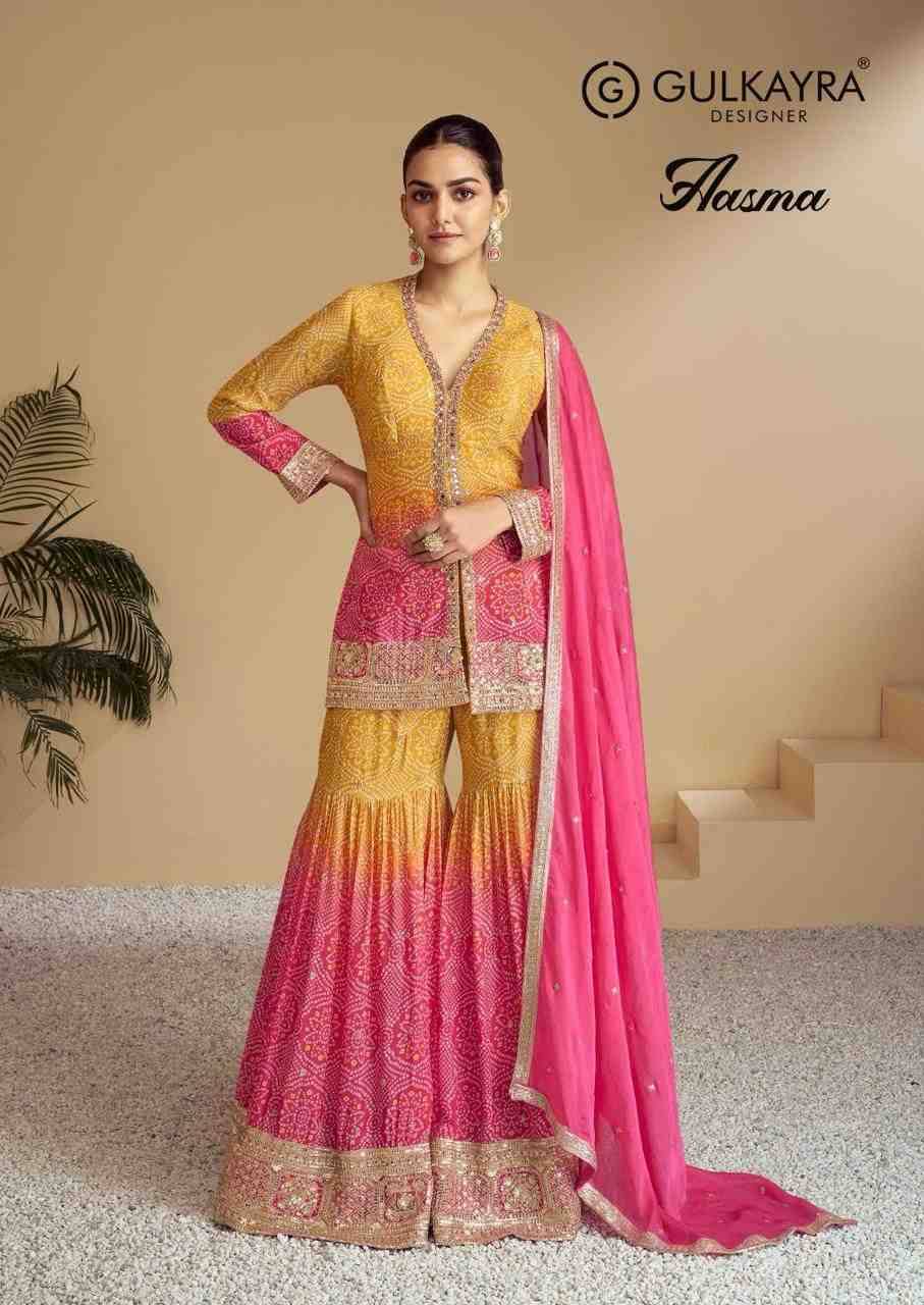Aasma By Gulkayra Designer 7484-A To 7484-C Series Designer Sharara Suits Collection Beautiful Stylish Fancy Colorful Party Wear & Occasional Wear Chinnon Dresses At Wholesale Price
