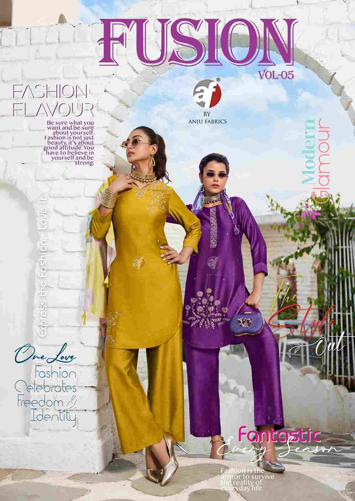 Fusion Vol-5 By Anju Fabrics 1211 To 1216 Series Designer Stylish Fancy Colorful Beautiful Party Wear & Ethnic Wear Collection Viscose Nylon Tops With Bottom And Scarf At Wholesale Price