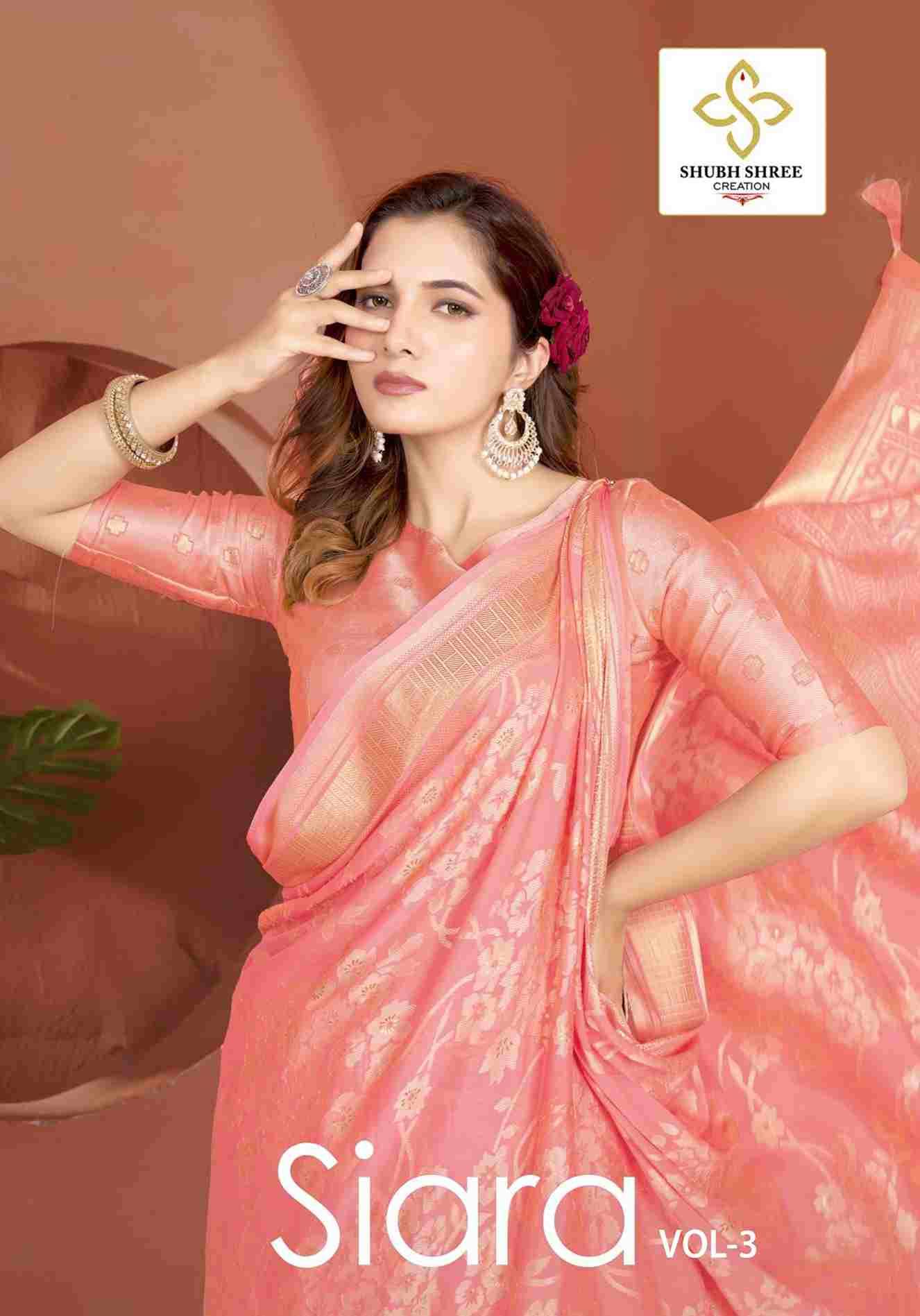 Siara Vol-3 By Shubh Shree 3001 To 3006 Series Indian Traditional Wear Collection Beautiful Stylish Fancy Colorful Party Wear & Occasional Wear Moss Brasso Sarees At Wholesale Price