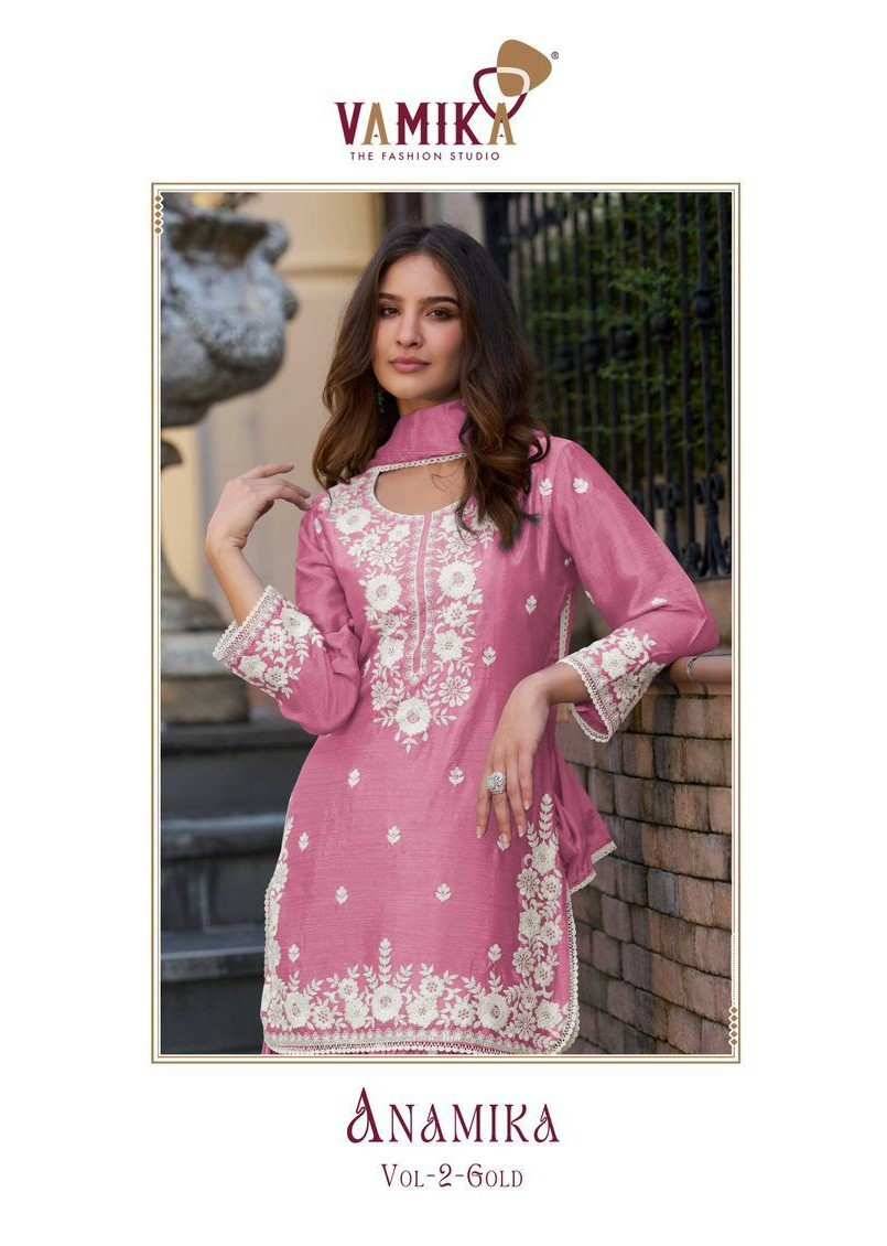 Anamika Vol-2 Gold By Vamika 4301-F To 4301-J Series Designer Sharara Stylish Fancy Colorful Beautiful Party Wear & Ethnic Wear Collection Chinnon Dresses At Wholesale Price